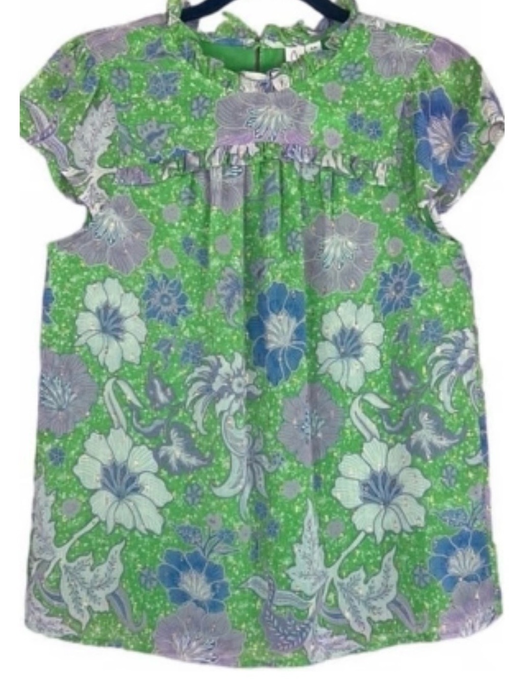 Joie  Green Floral Flutter Sleeve Blouse with Blue & Lavender Accents